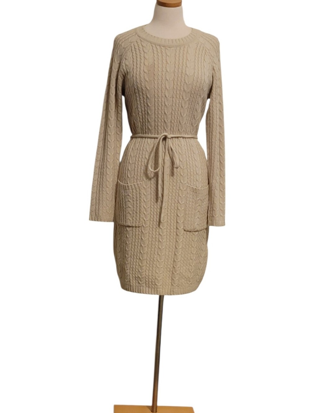 H&M Cream Cable-Knit  Pocket Belted Sweater Midi Dress